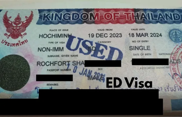 Thai ED visa Non-Immigrant sticker in passport