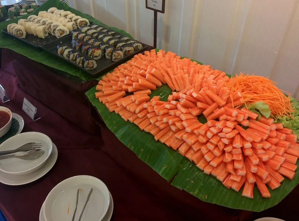 Sushi rolls and crab stick display at the White Elephant Restaurant