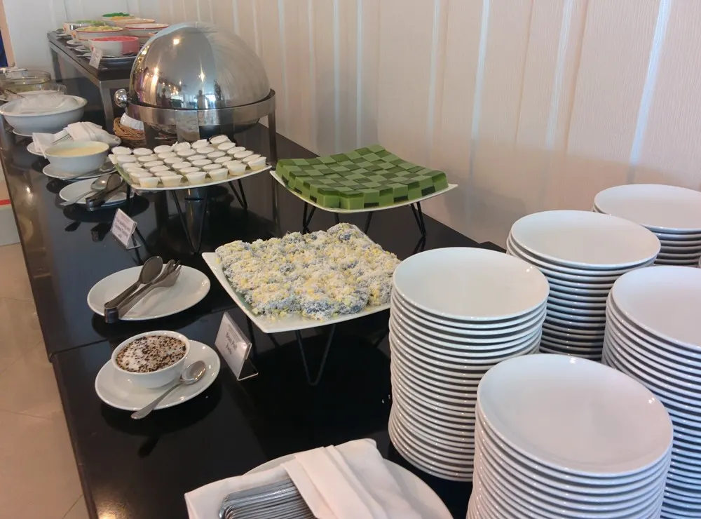Thai dessert display with green tea jelly and traditional sweets at the White Elephant Restaurant