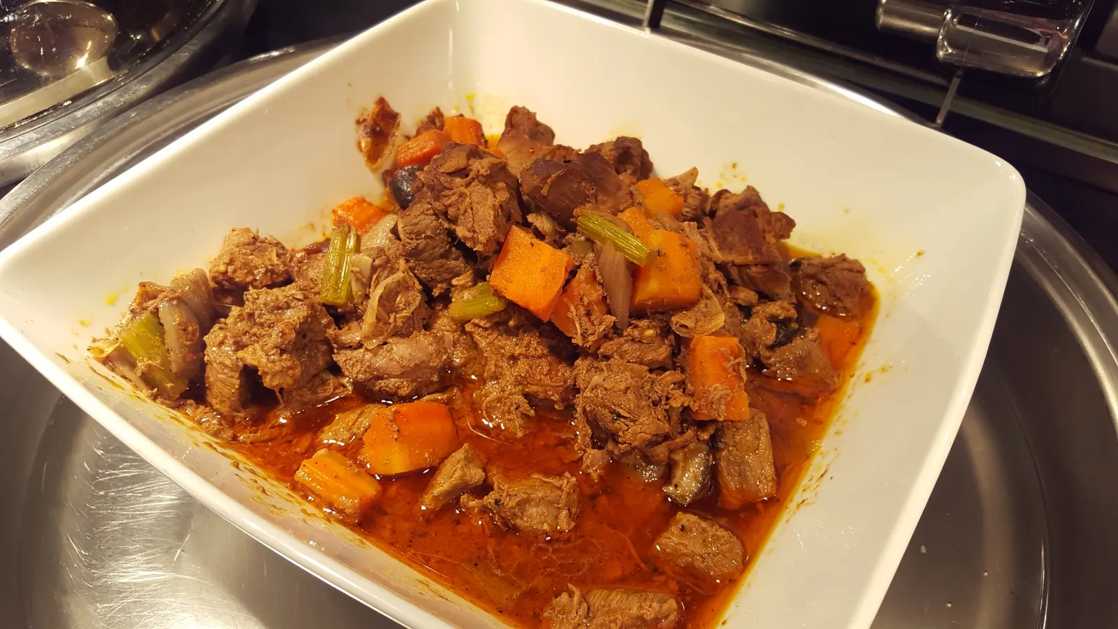 Braised beef stew in a chafing dish