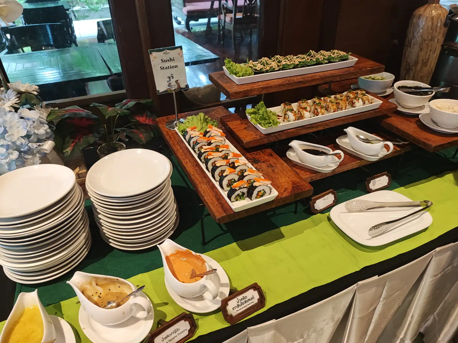 Sushi rolls and nigiri at the Siripanna sushi station