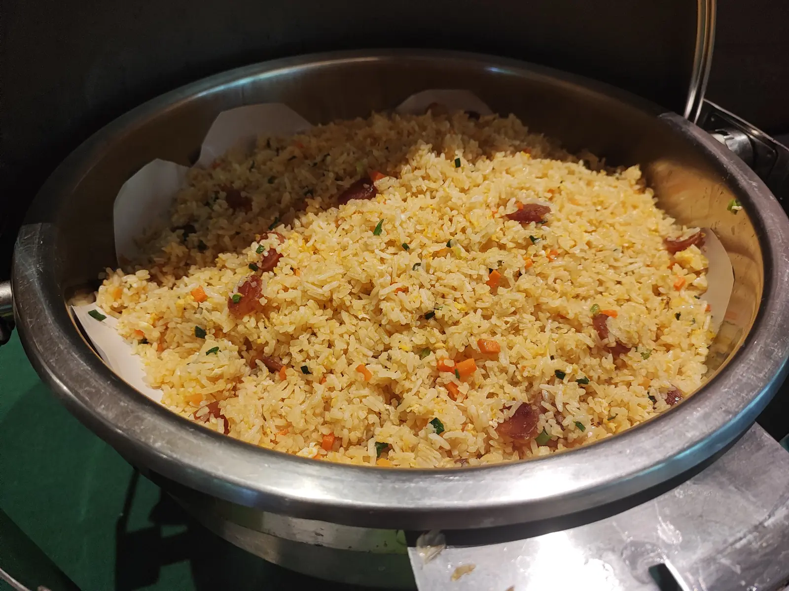 Fried rice with Chinese sausage in the buffet chafing dish