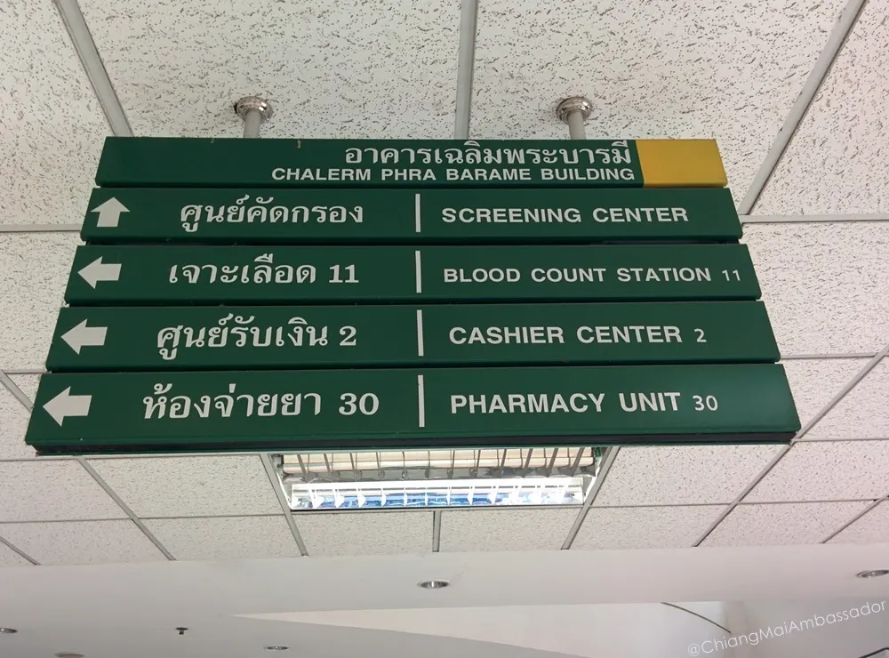 Overhead directional signage for the Screening Center, Blood Count Station, Cashier and Pharmacy
