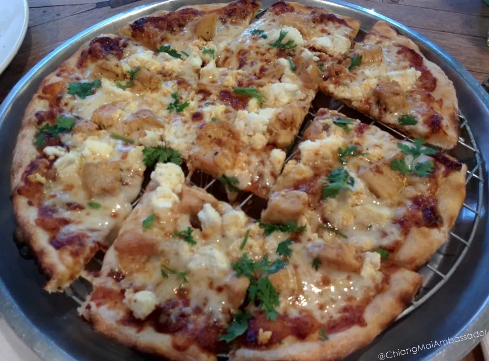 The Duke's chicken and cheese pizza with coriander